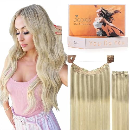 Image of DOORES Wire Hair Extensions, 12 Inch 70g Fish Line Weft Extensions and 2pcs 30g Clip ins Ash Blonde to Golden Blonde and Platinum Blonde, 100g Invisible Seamless Wire Real Human Hairpiece