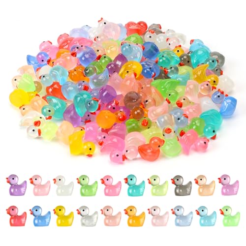 JWAJWY Mini Ducks 100 Pack Resin Tiny Ducks Luminous Animal Glow in The Dark Tiny Toys for Garden Aquarium Decor DIY Projects Party Decorations (20 Colors)