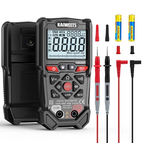 KAIWEETS Multimètre Numérique à Boutons 4000 Counts, Multimètre Auto-Ranging TRMS, NCV, Testeur Fil Phase, Mesure Tension AC/DC, Courant, Résistance, Continuité, Capacité, écran LCD Rétroéclairé