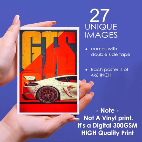 Image of StickerYard Car Wall Posters Set of 27 (4x6 Inch) Mini Prints | Classic Retro Car Collage Kit for Room, Garage & Office | 300 GSM Matte Photo Paper, Double Sided Tape Included | Antique Automobile Wall Art Decor