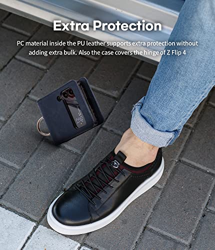 Goospery Card Wallet Ring Case Compatible With Galaxy Z Flip 4 Case, Card Holder Pocket Storage Premium Pu Leather Key Ring Wallet Cover, Navy #TOP3