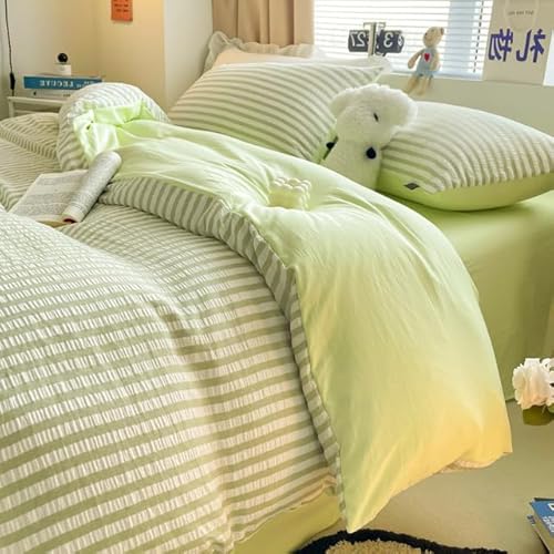 Juego de Ropa de Cama de Seersucker a Rayas Estilo Ins, Funda de edredón, sábanas Planas, Funda de Almohada, Juego de sábanas, Funda de edredón Suave, Juego de Ropa de Cama