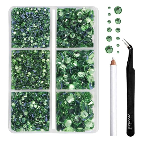 Image of BEADSLAND Hotfix Rhinestones, 4000 PCS Light Green Rhinestones for Clothes Crafts Mixed 6 Sizes with Wax Pencil and Tweezers Kit, SS6-SS30, Peridot