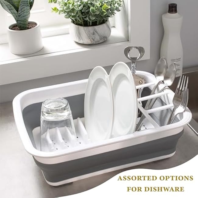 Kitchen Details Collapsible Dish Drying Rack | Space Saver | Aerated Bases Drain Holes | Plates, Bowls, Utensils Compartments | Countertop and Sink Storage | White/Grey
