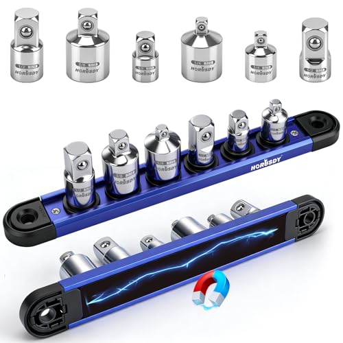 6-Piece Storeable Socket Adapter and Reducer Set with Magnetic Rail Ratchet Adapter Set 1/4 3/8 1/2 Drive Chrome Vanadium Steel for Impact Driver & Drill Organized Holder