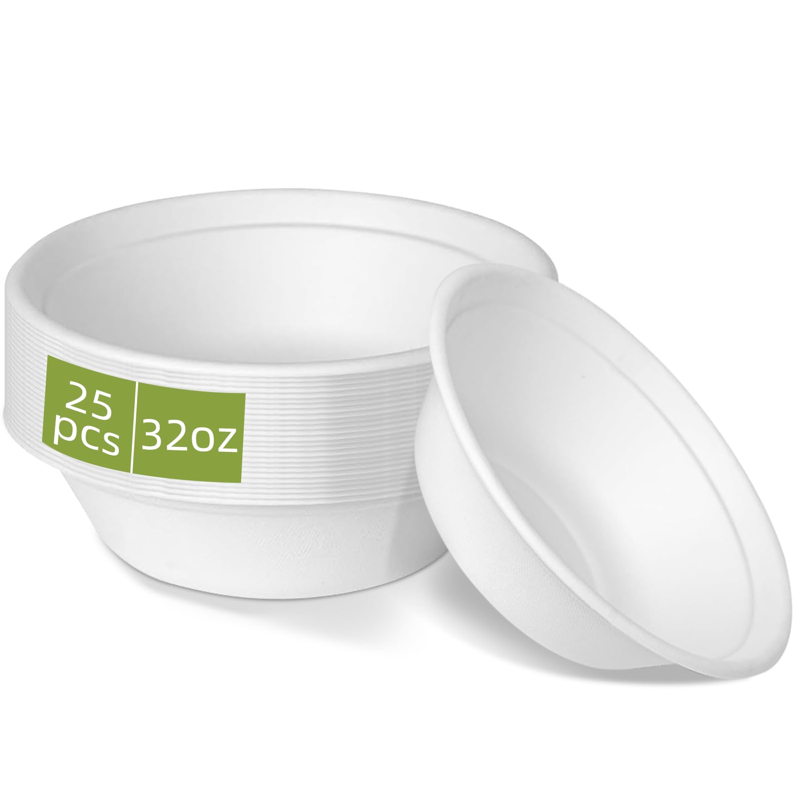 VEIZEDD 32 oz Disposable Paper Bowls 25 Pack Bagasse Biodegradable Heavy Duty Disposable Soup Bowls Bulk Convenient for Daily Use for Salad, Hot Soup,