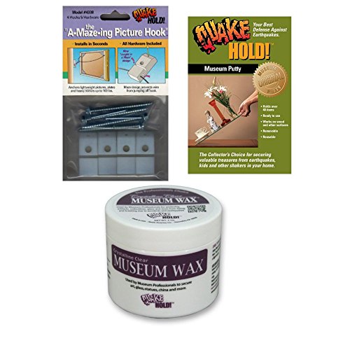 Quakehold Bundle: Pack of A-Maze-ing Picture Hooks, Neutral Museum Putty and 2 oz. Museum Wax