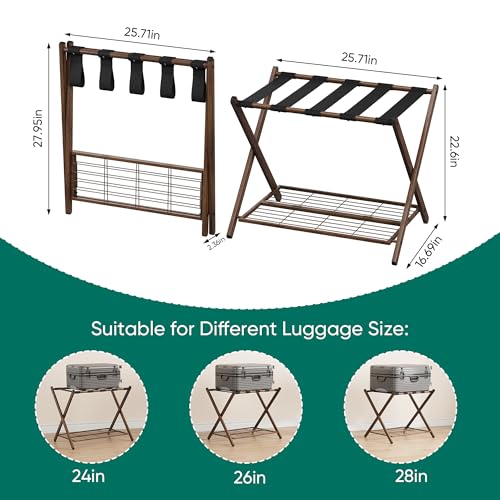Smuxee Fully Assembled Walnut Grain Luggage Rack, Foldable Iron Suitcase Stand with 5 Nylon Straps, Luggage Holder with Shelf for Guest Room Bedroom Hotel - Image 4