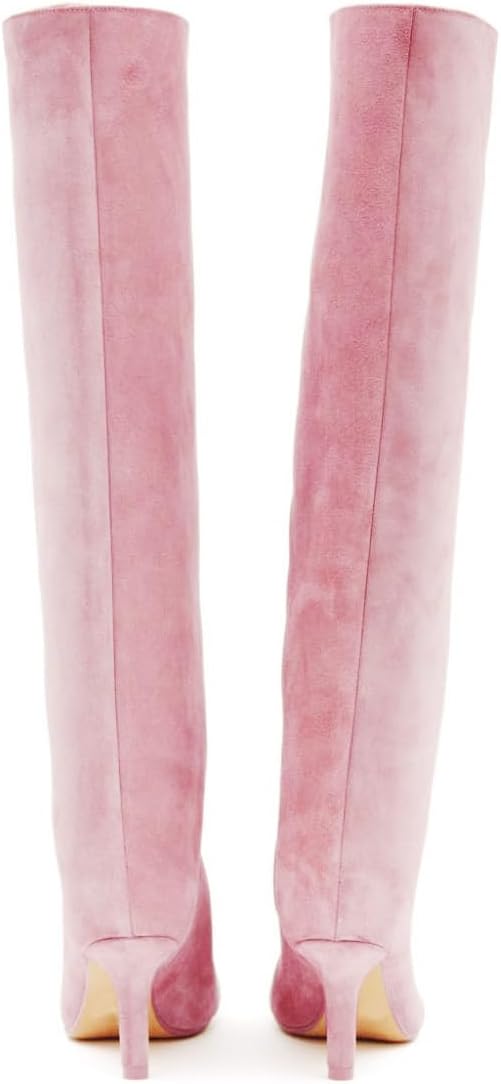Women's Knee High Boots Nude Suede Wide Calf Stiletto Long Booties Square Toe Pull On High Heel Riding Boots for Women Ladies Fahion Dress Tall Boots
