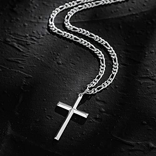 FANCIME White Gold Plated 925 Sterling Silver Cross Pendant Necklace With 4MM Figaro Solid Curb Link Chain Gifts for Him Men, 24-INCH3