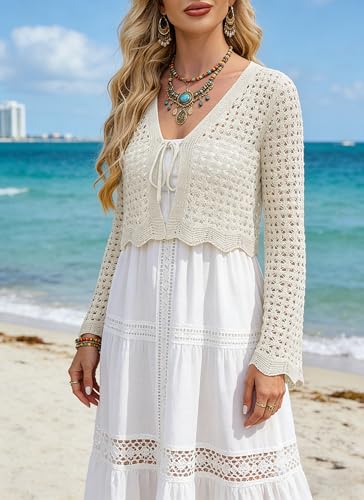 Image of Women's Soft Crochet Tie Front Cardigan Cropped Knit Bolero Shrug Summer Beach Cover Up Top