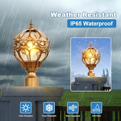 Globe Outdoor Post Light for Lawn Garden Patio, Brass Sphere Outside Pole Light Fixtures Waterproof Aluminum Lamp Post Light, Pier Mount Outdoor Lighting for 3" Pole Fence Deck, 1 Pack