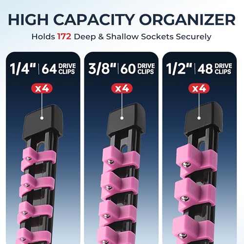 Image of Reniteco 12-Pack Socket Organizer Set, 1 /4 inch x 64 3 /8 inch x 60 1 /2 inch x 48 Clips | 172 Clip Capacity, Havy-Duty ABS Socket Rails, Removable Clips, Drive Socket Storage, Toolbox Drawer or Wall Mount