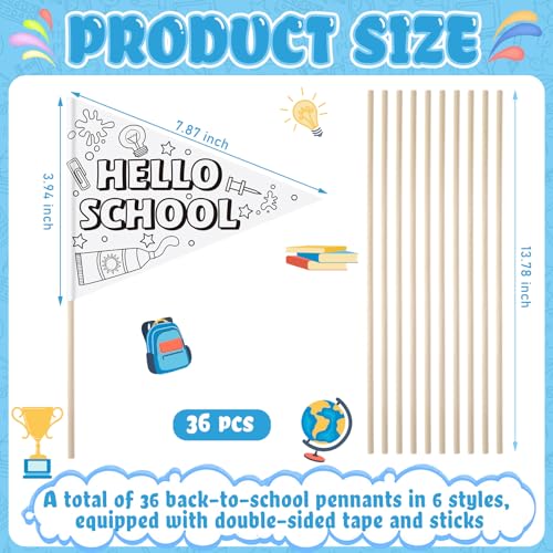 Image of 36 Packs First Day of School Flag Crafts Back to School Crafts Color Your Own Pennant Flag for Classroom Photo Prop Preschool Welcome Decor