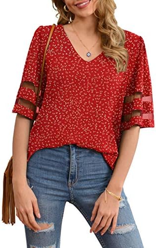 Jouica Women Chiffon T-Shirt Blouse Scoop Neck 3/4 Sleeve Casual Top,Flower Wine Red,Small