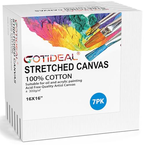 Image of GOTIDEAL Stretched Canvases for Painting, 16x16 Inch Set of 7, Primed White - 100% Cotton Blank Art Square Canvas Boards for Painting for Acrylic Pouring, Oil Paint Dry & Wet Art Media