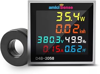 amiciSense 6-in-1 Multi-Function Digital Power Meter 50 300VAC Voltmeter, 0 99.99A Ammeter, kWh, Power, Frequency & PF Monitor Color Display for Real-Time Energy Management