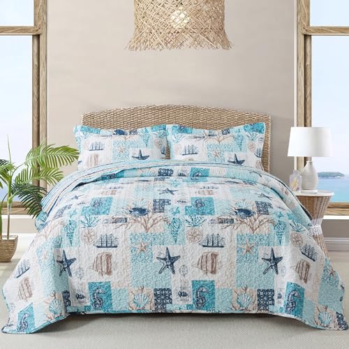 NEWLAKE Quilt Bedspread Sets - West Coastal Pattern Reversible Coverlet Set, Queen Size