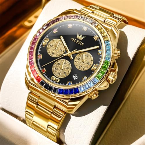 Image of OLEVS Watch for Men Luxury Gold Diamond Chronograph Business Wristwatch with Analog Quartz, Date Calendar, Stainless Steel Band, Luminous Hands, Waterproof