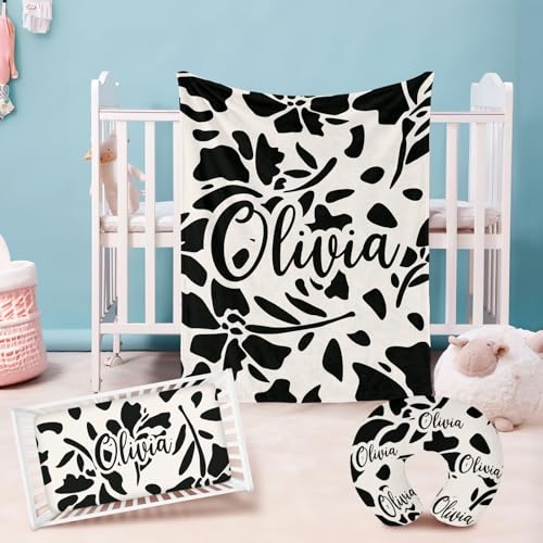 GRESATEK Personalized Toddler Crib Bedding Set - 3 Piece Crib Bedding Set, Standard Size Nursery Bedding for Boys and Girls with Crib Sheet, Nursing Pillow Cover Flannel Blanket Black Flower