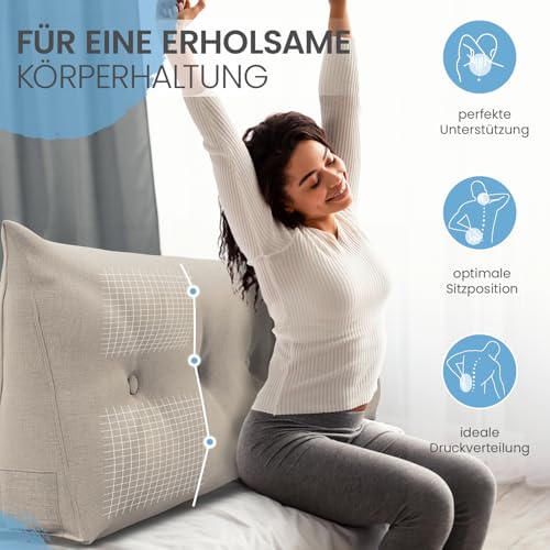 ELONEO Rückenkissen 180 cm breit, Keilkissen für Bett und Sofa geeignet, dreieckiges Lesekissen, Kissen mit abnehmbarem und waschbarem Bezug, mit praktischem Seitenfach