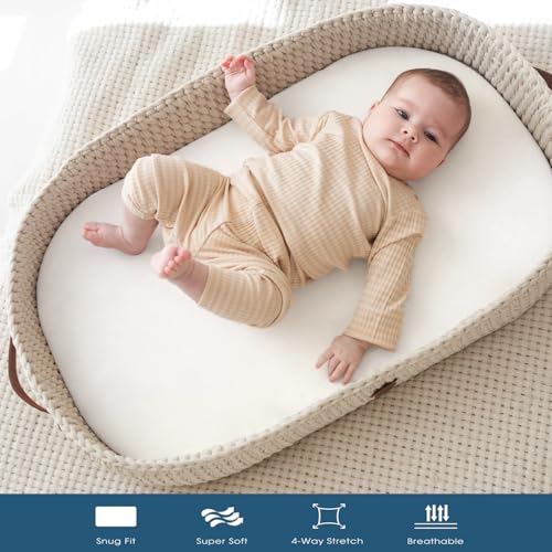 Image of GRSSDER Stretchy Ultra Soft Fitted Bassinet Sheet 2 Pack, Universal Fit for Bassinets Baby Cradle Moses Basket Oval Rectangle Mattress Safe and Snug, Jersey Bassinet Sheets for Girls, White /Pink