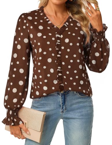 GRACE KARIN Womens Long Sleeve Boho Tops Ruffle Work Blouses Coffee L - image 1