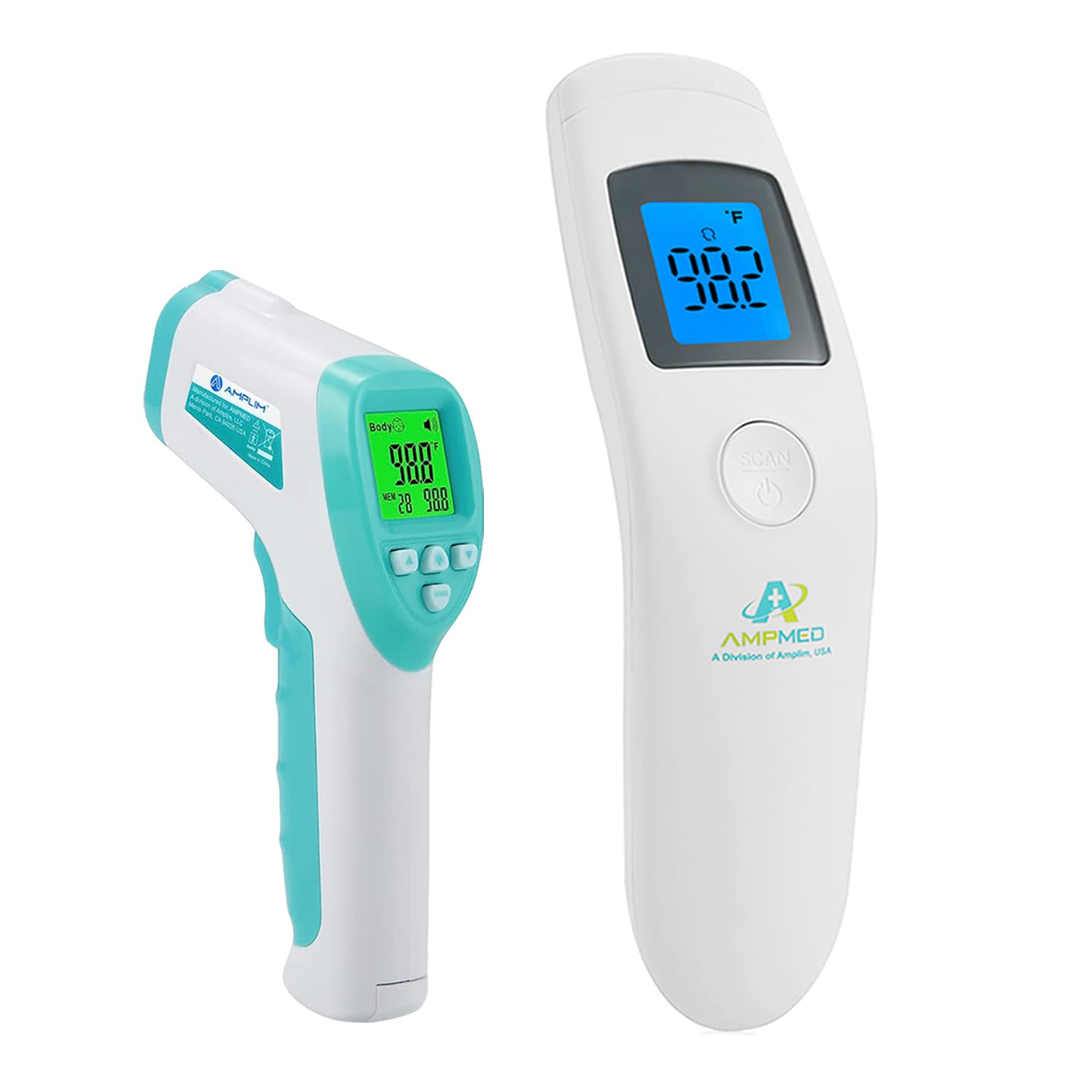 Amplim 2-Pack Hospital & Medical Grade Non Contact Digital Infrared Forehead Thermometer for Babies, Kids, and Adults.