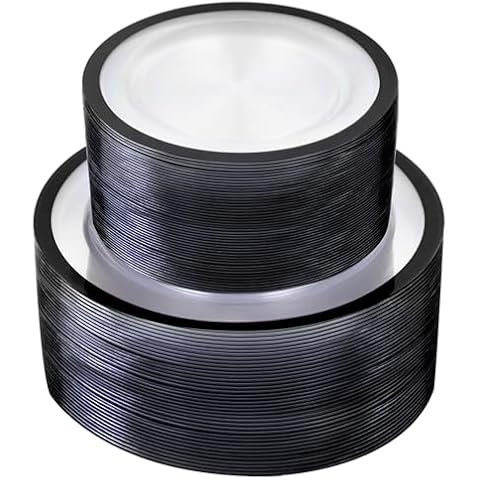 U-QE 120pcs Clear and Black Plastic Plates - Black Disposable Plates - Heavy Duty Plastic Disposable Plates for Premium Party Supplies Including 60 Dinner Plates 10 '' & 60 Dessert Plates 7 '' Cover