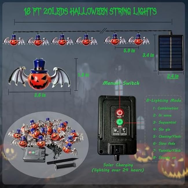 Solar Garden Lights for Halloween Decorations Outdoor, 20LED 18Ft 3D Scary Devil Pumpkin Bat Solar String Lights, Halloween Solar Lights Outside for Home Yard Garden Party Gifts Decor(Red Green White)