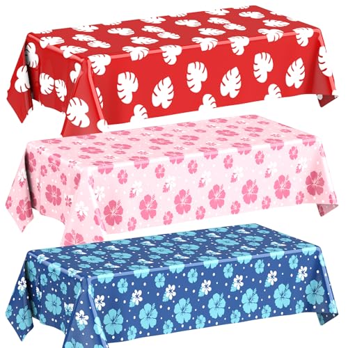 Image of Oudain 3 Sheets Hawaii Hibiscus and Tropical Leaves Tablecloth Birthday Party Decorations Blue Alien Cartoon Table Covers for Birthday Party Supplies