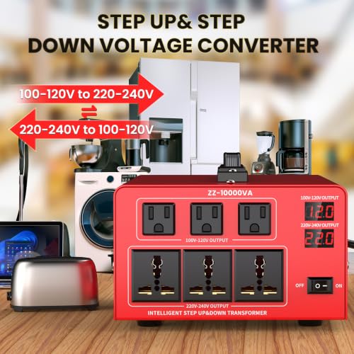 Image of 10000W Heavy Duty Voltage Converter Transformer - Step Up 110V to 220V & Step Down 220V to 110V, Auto Input Recognition, 3 US & 3 Universal Outlets, LCD Display, Circuit Breaker for Travel & Home