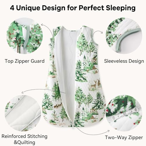 Image of Baby Sleep Sack 6-12 Months 1.5 Tog Baby Wearable Blanket 100% Cotton Fabric Warm Sleeping sack with 2-Way Zipper Quilted for Infant Newborn Tog Green Pine