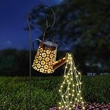 Solar Watering Can with Cascading Lights, Solar Powered Water Can Light Garden Decorative, Hanging Waterproof Lanterns Outside,Metal LED Kettle Light Outdoor Yard Decor (Warm White)
