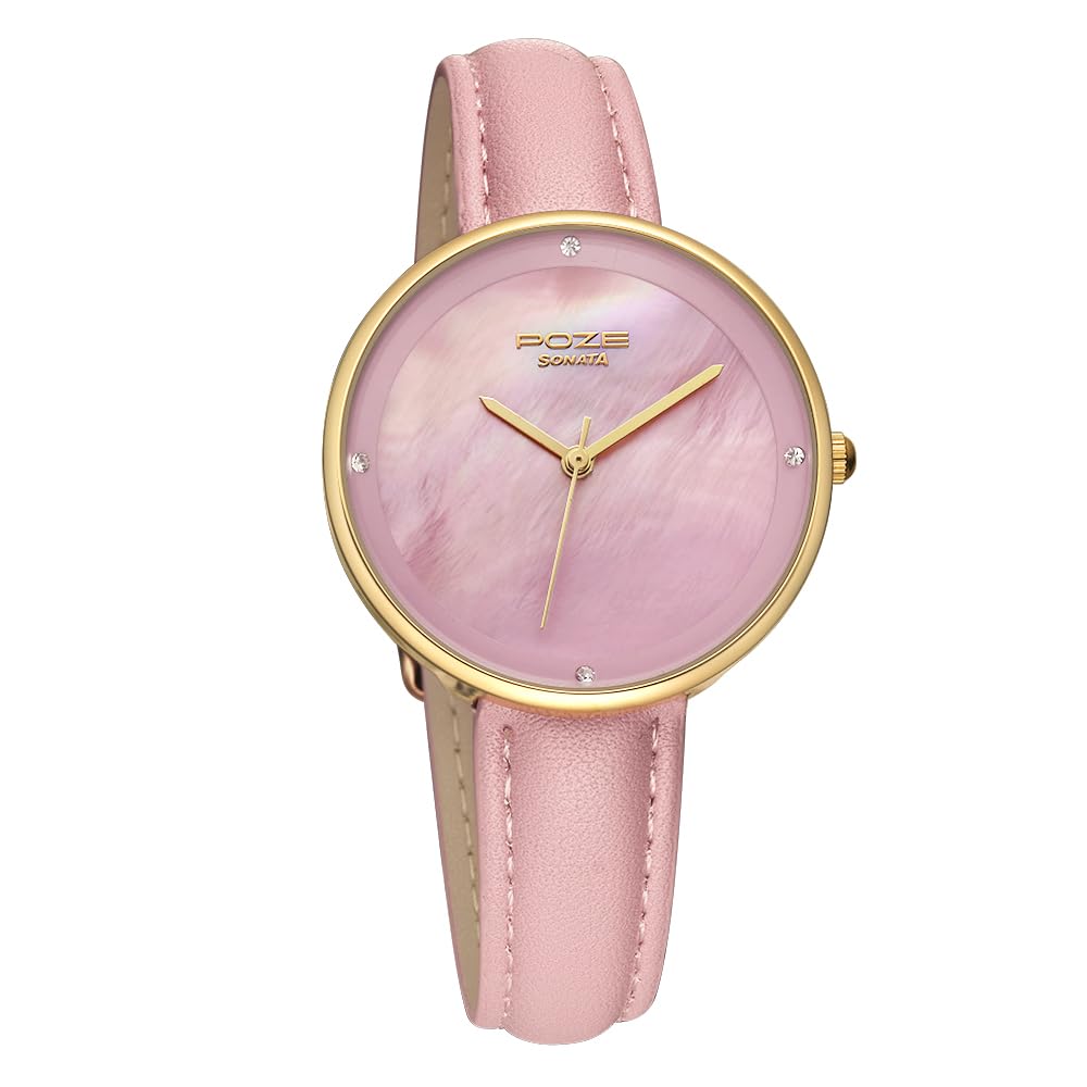 Sonata Poze Quartz Analog Pink Dial PU Leather Strap Watch for Women-SP80050YL01W