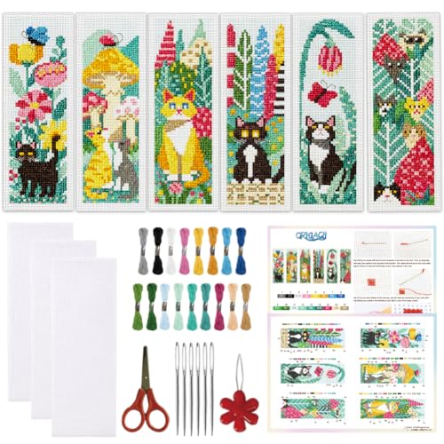 ORIGACH 6 Set Cat & Nature Cross Stitch Bookmark Kit for Beginner