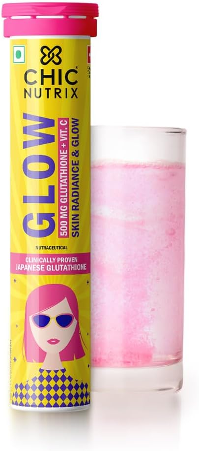 Chicnutrix Glow Glutathione Tablets with Vitamin C |Japanese Glutathione 500mg For Radiant, Even-Toned and Glowing Skin | Sugar-Free| Strawberry Lemon Flavor| 20 Effervescent Tablets