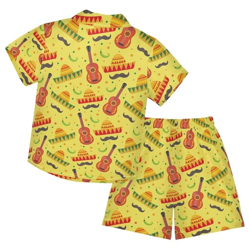 Image of Sunflower Floral Yellow Black Short Sleeve Hawaiian Button Down Shirts and Short Sets for Boys Toddler Summer Outfits