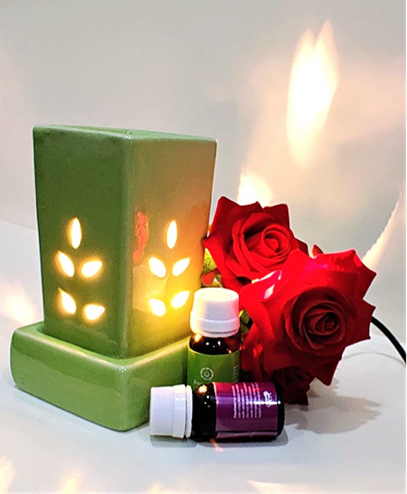 MBC Electric Oil Diffuser, Electric Diffuser 16 * 9cm Green Ceramic Electric Burner with 2 Aroma Oil 10ml Each (Green, 3)