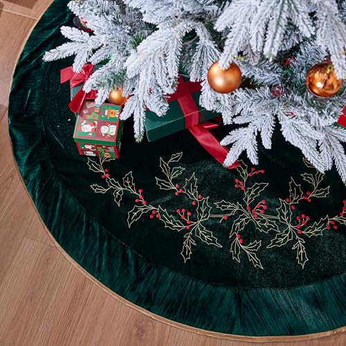 XSem-Holly-Leaf-Embroidered-Velvet-Christmas-Tree-Skirt-with-Pleat-Velvet-Border-50-Dark-Green-50-inch XSem Holly Leaf Embroidered Velvet Christmas Tree Skirt with Pleat Velvet Border 50 Dark Green 50 inch