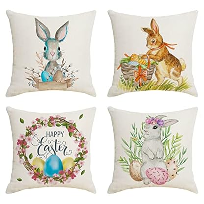 SLYGOU 4er Set Ostern Kissenbezug 45x45cm,KissenhüLle Osterdeko Hase Leinen Dekokissen Cases Home Kissenbezug 40x40 Leinen Osterhase Deko 40x40 cm Saisonnal Zierkissenbezug