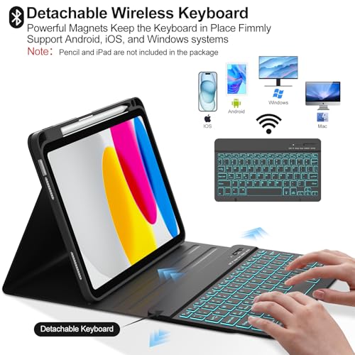 Image of COO 7 Color Backlit Keyboard Case for iPad 11th A16 /10th Gen | 7-Color Backlit Detachable Bluetooth Keyboard, Pencil Holder, Auto Wake /Sleep, 3 Angles, PU TPU Cover, Black