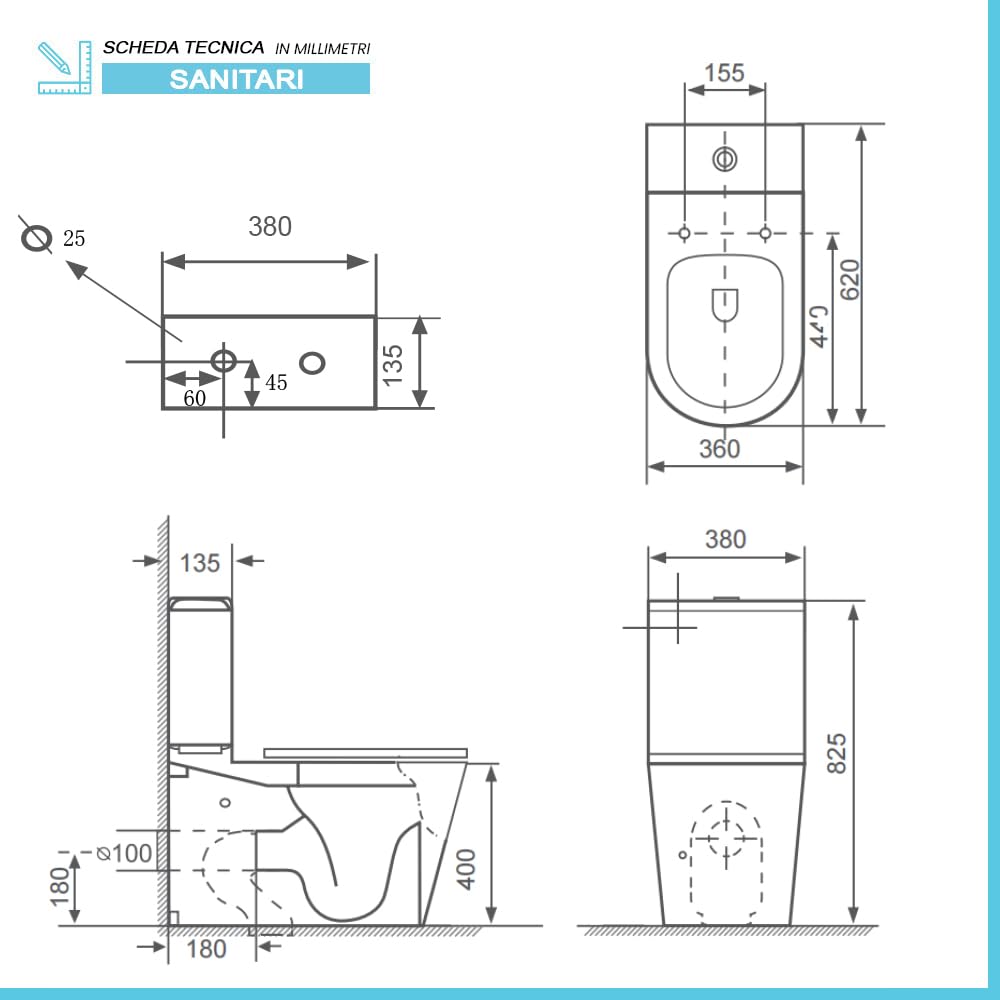 WC Filomuro Monoblocco Rimless Ceramica Bianco Lucida Linea Tygo 38x62x82,5 cm Sedile Soft-Close