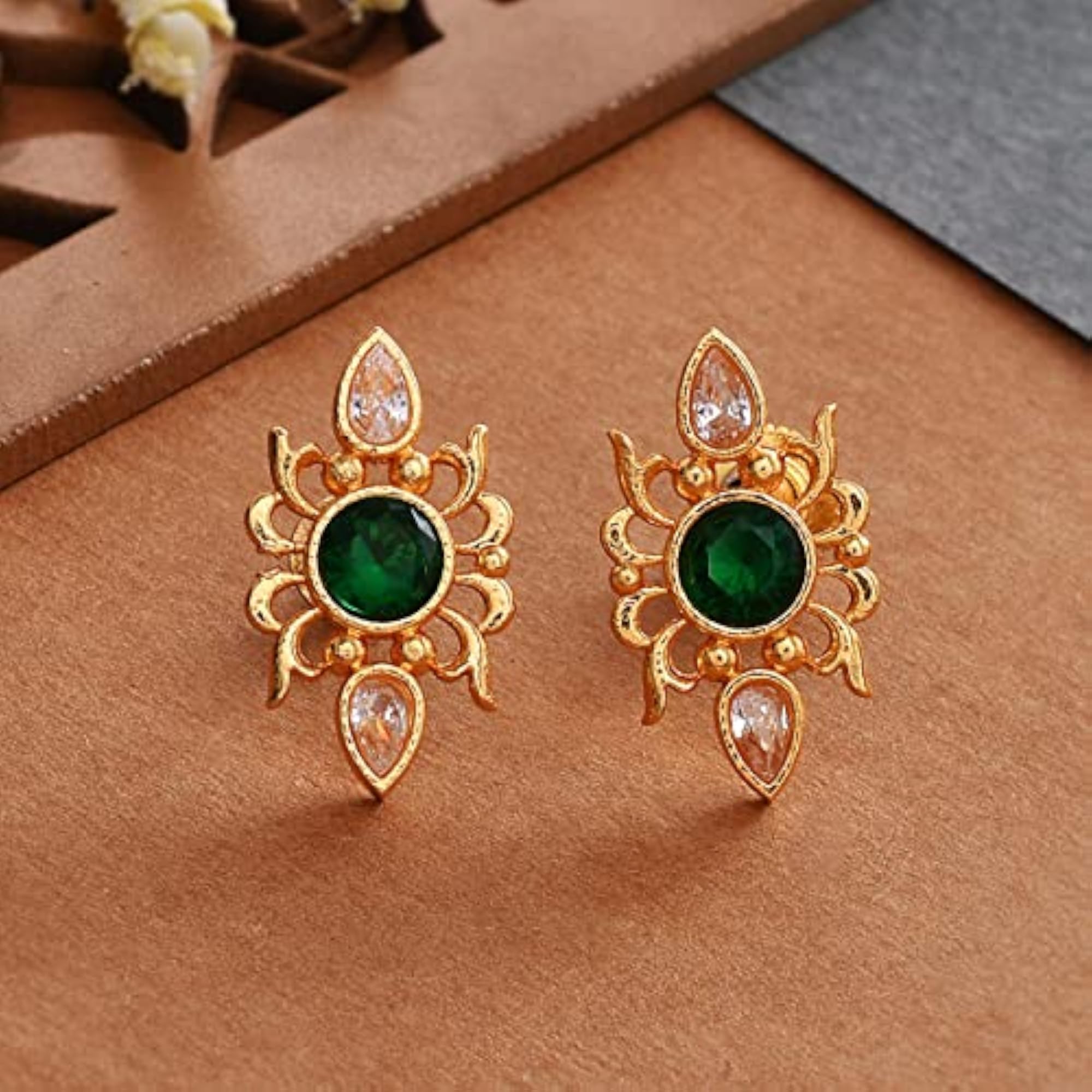 Abharan Green Stone Stud Earrings
