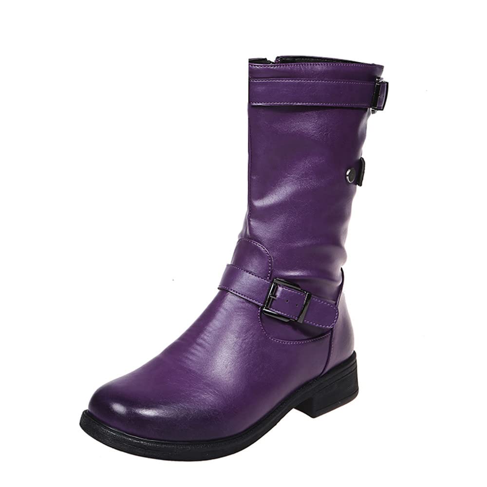 DINTAHA Flat Mid Calf Boots for Women Low Heel Biker Riding Boots