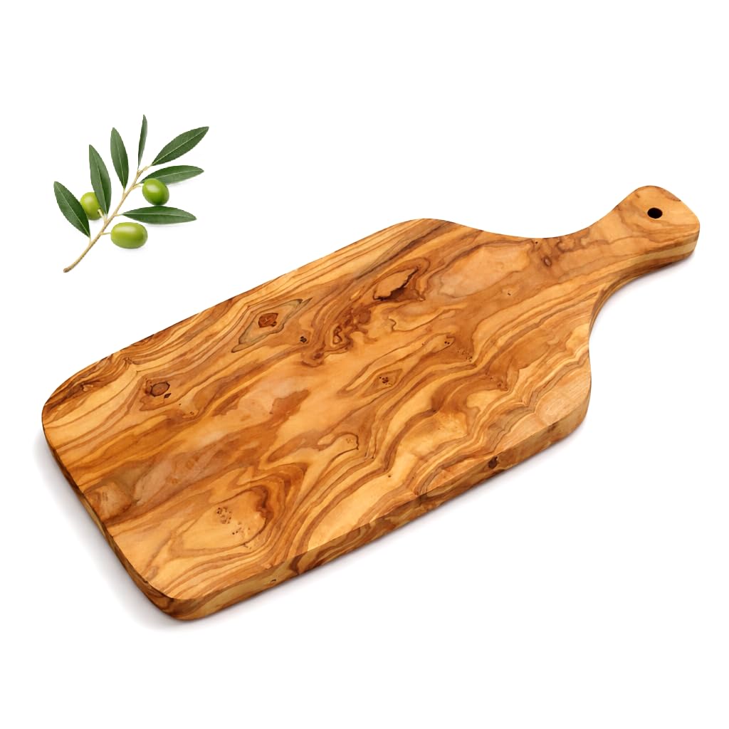 Tabla de cortar artesanal con mango de madera de olivo natural, hecha a mano, 40 cm