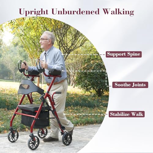 Image of Upright Rollator Walker, Heavy Duty Stand Up Walkers for Seniors with Seat and Reversible Backrest, Foldable Standing Rollator with 8 inch Anti-Slip PU Wheels, Red