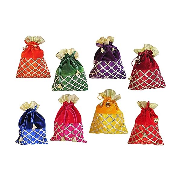 Srajan Festival & Wedding Gifting Criss Cross Gota Patti Velvet Multicolour Shagun Return Gift Pouch | Potli for Return Gifts Bag (Pack of 8)
