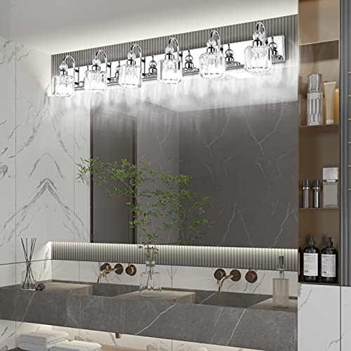 Image of Ralbay 6-Lights Stainless Steel Crystal Bathroom Vanity Lights Over Long Mirror Modern Crystal Vanity Lighting Fixtures for Bathroom