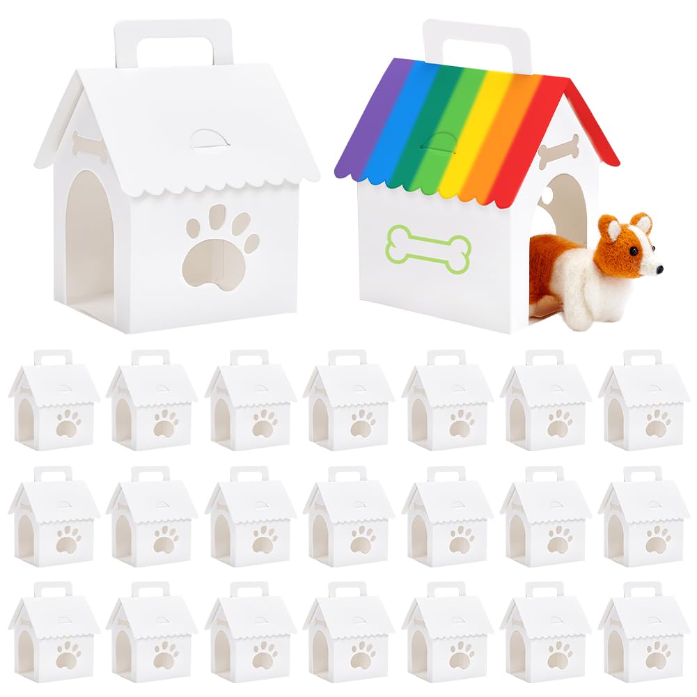 PH PandaHall 26pcs White Cardboard Dog House Party Favor Boxes 4x4.7x7 inch Pet Adoption Theme Gift Boxes with Handle for Puppy Party Christmas Dog Crafting, Square Windows